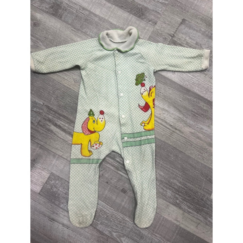 Vintage Green Diamond Grid Footed Sleeper Yellow Dog Graphic Pajamas One Piece